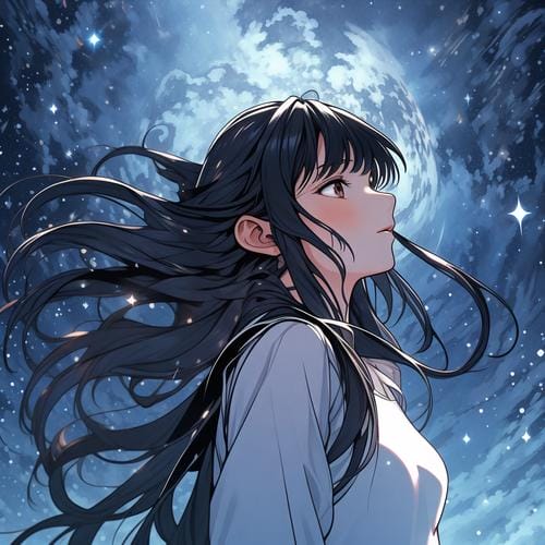 漫蛙品牌插画：星空下长发少女仰望夜空，非任何作品官方画面