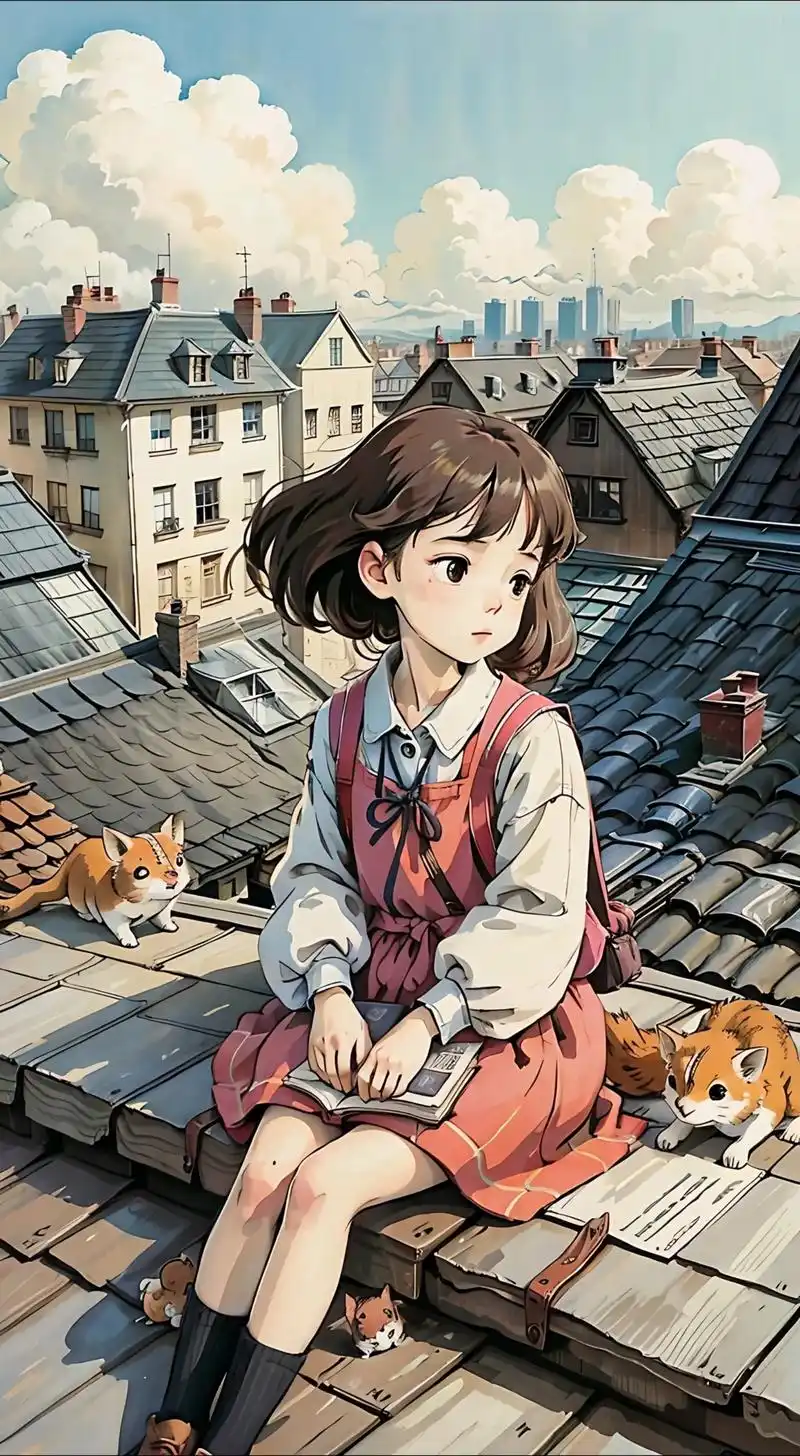 漫蛙品牌插画：少女坐在老城屋顶上，身旁有猫，非任何作品官方画面